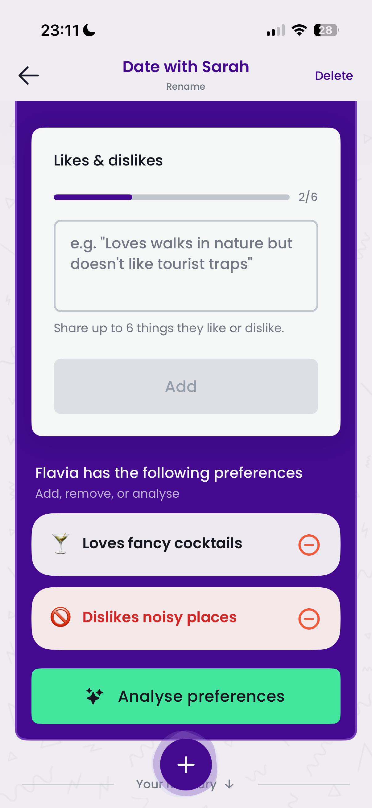 Personality input screen with likes and dislikes