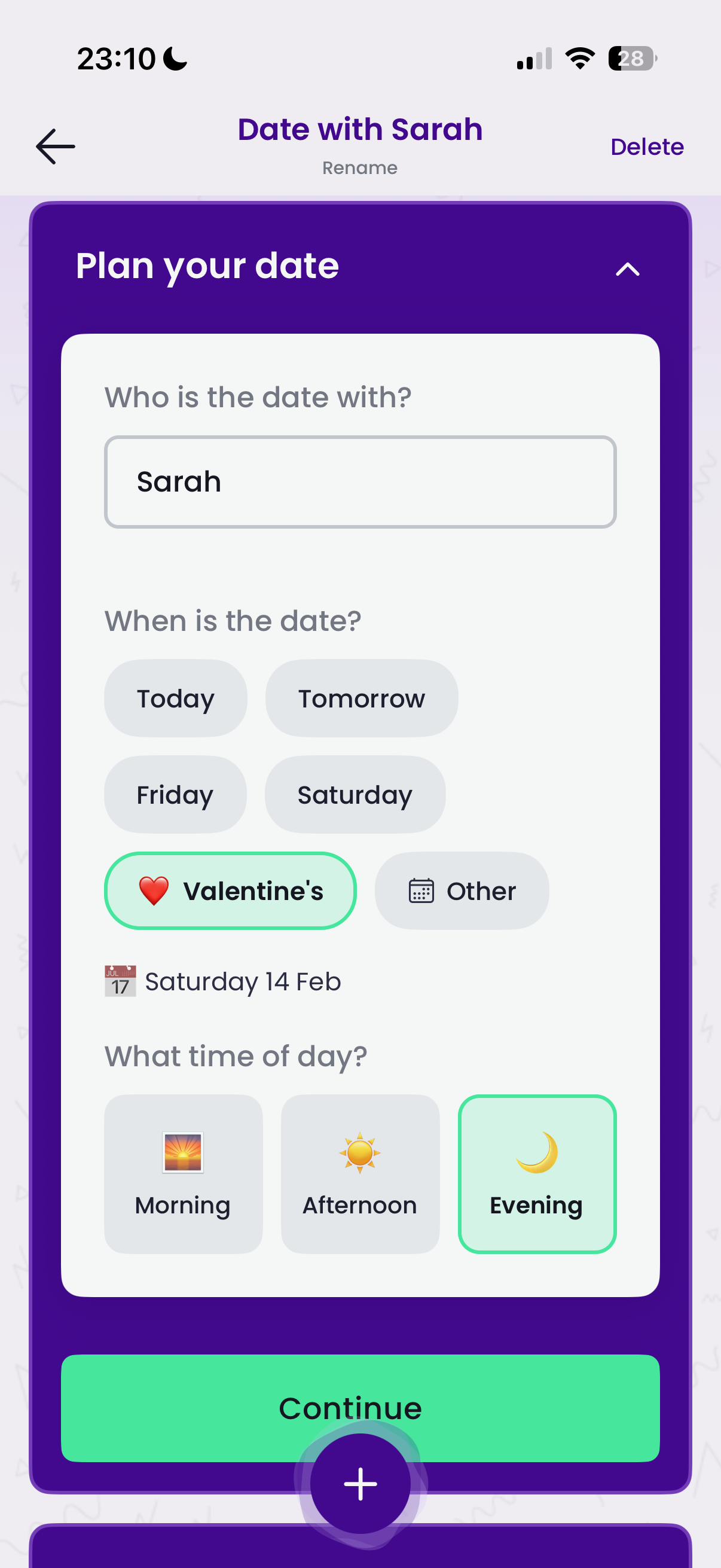 Plan your date screen showing date setup options