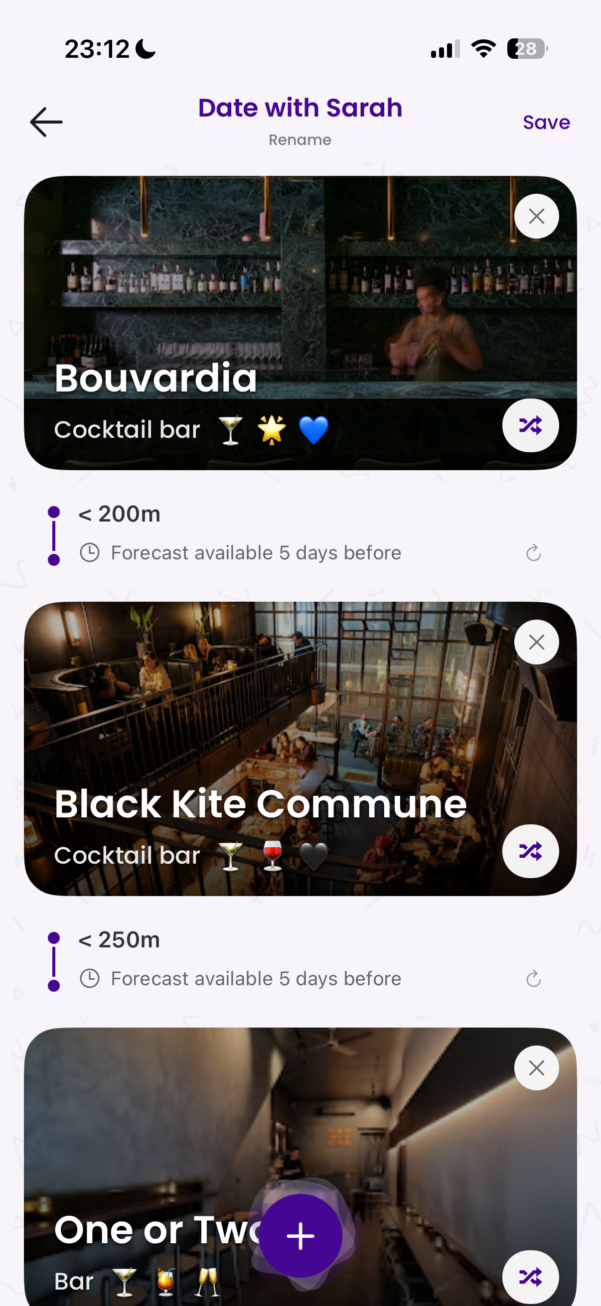 Itinerary builder showing venue cards with details